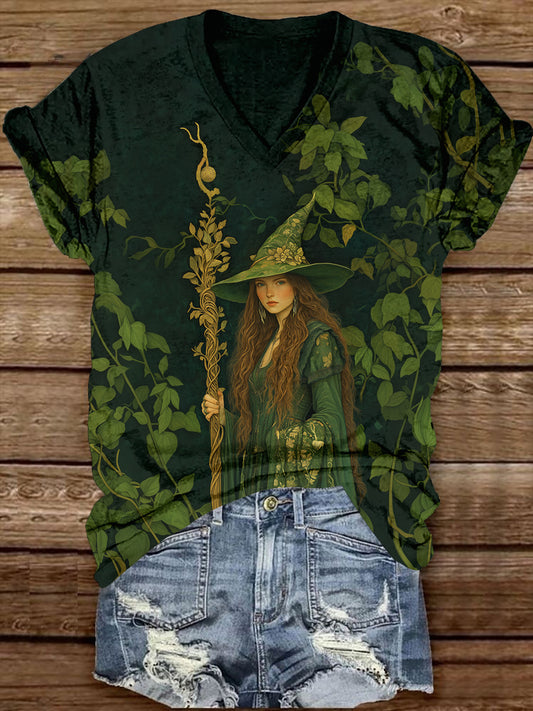 Forest Witch Art Print Unisex V-neck Short Sleeve Casual T-shirt