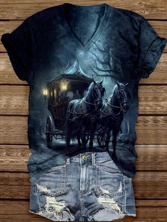 Ghost Carriage Art Print Unisex V-neck Short Sleeve Casual T-Shirt