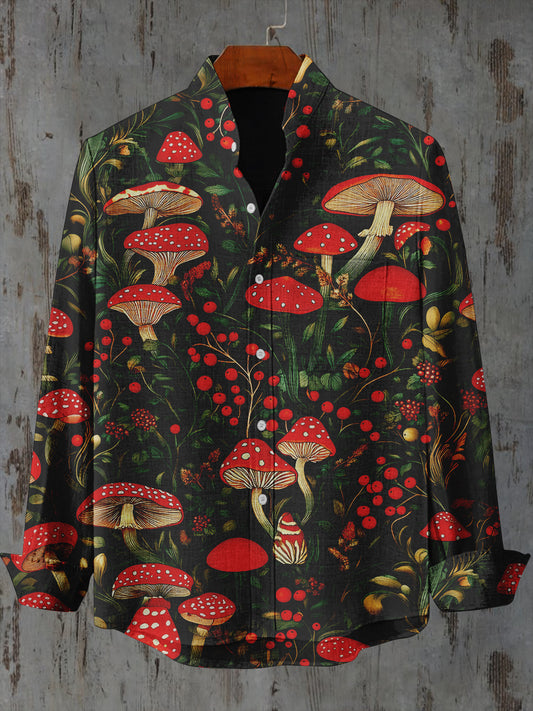 Red Mushroom Plant Pattern Art Print Long Sleeve Casual Shirt