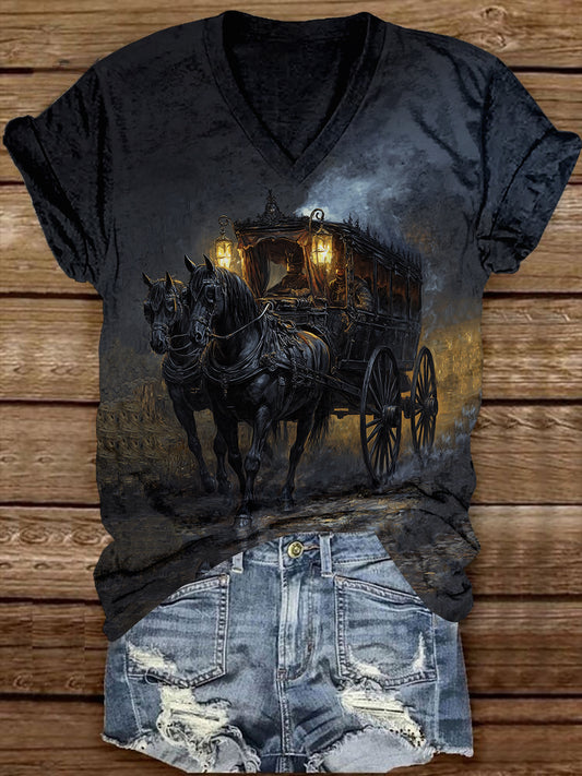 Ghost Carriage Art Print Unisex V-neck Short Sleeve Casual T-Shirt