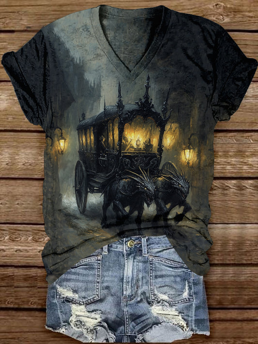 Ghost Carriage Art Print Unisex V-neck Short Sleeve Casual T-Shirt