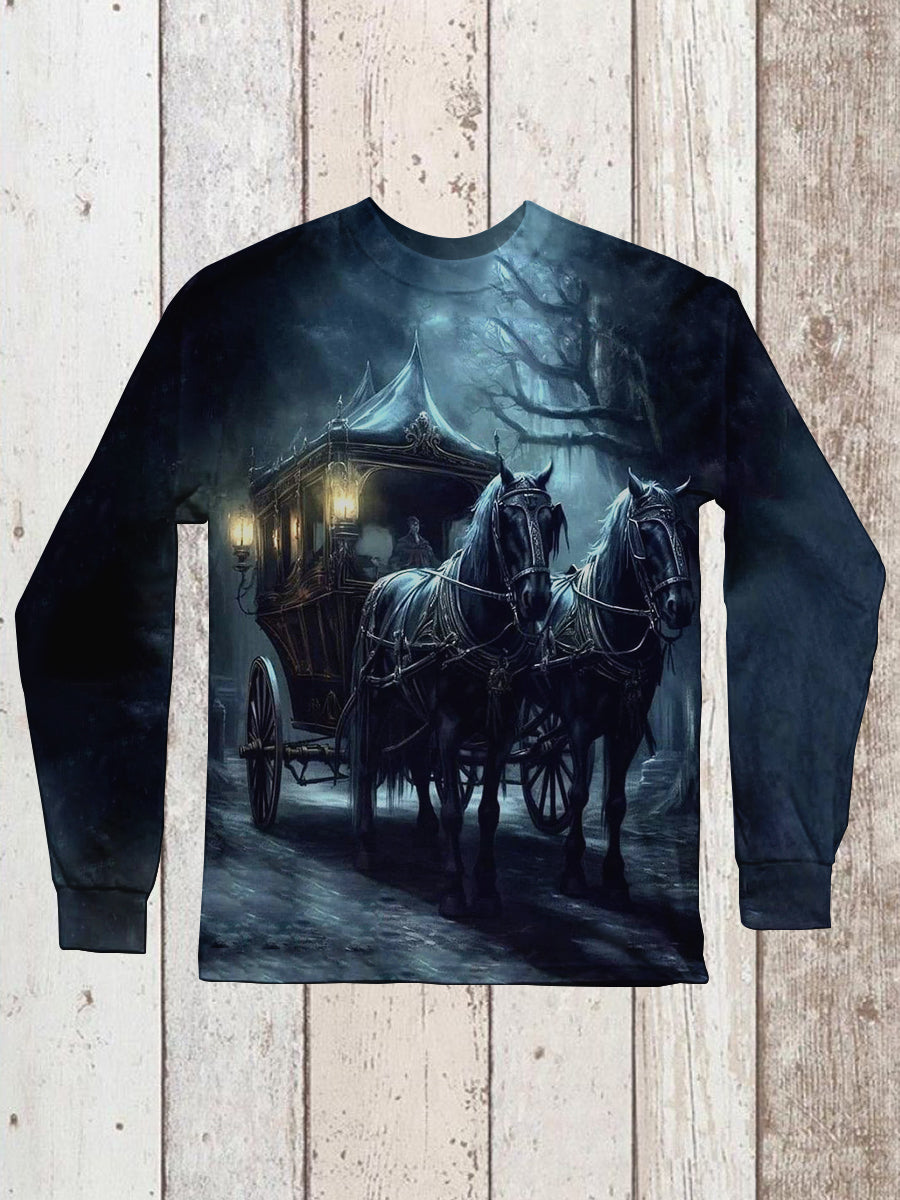 Ghost Carriage Art Print Unisex Crew Neck Long Sleeve Casual T-Shirt