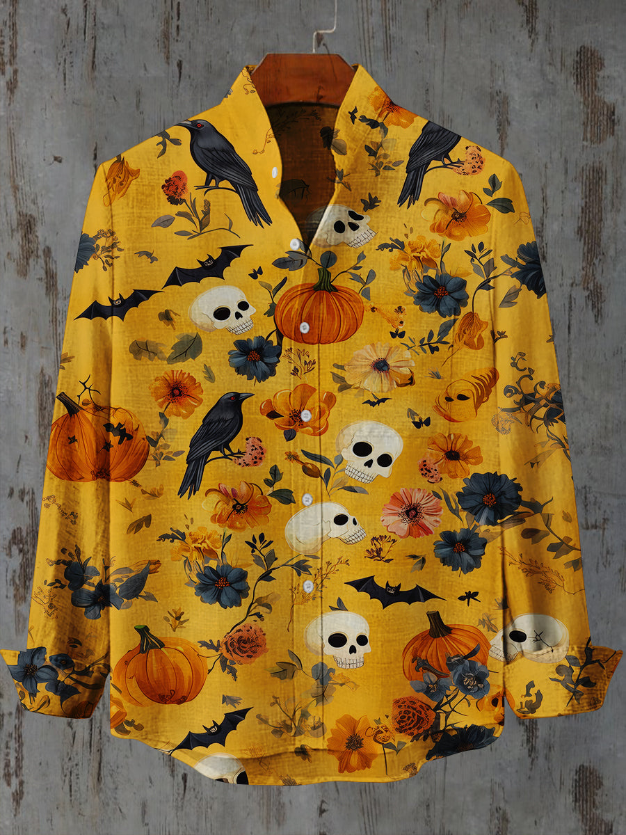 Raven Skull Halloween Art Print Long Sleeve Casual Shirt