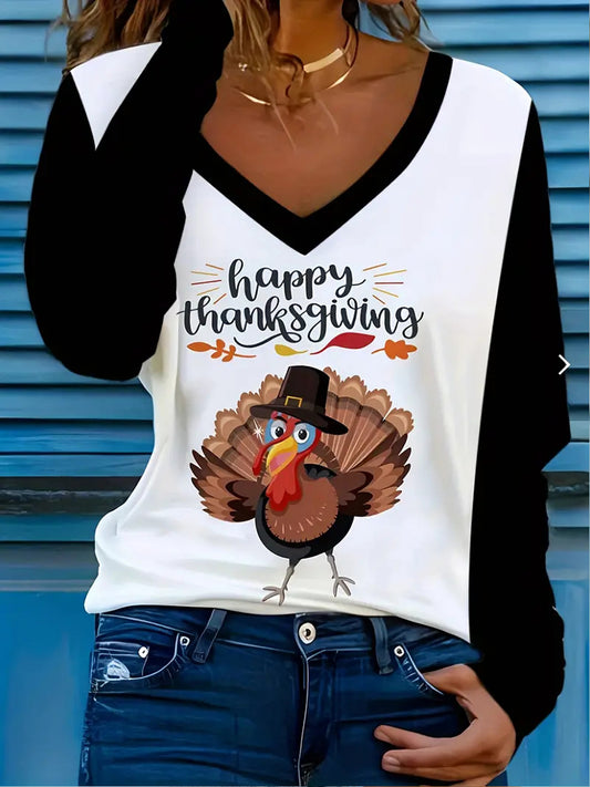 Women's Thanksgiving Turkey Lettering Print T-Shirt