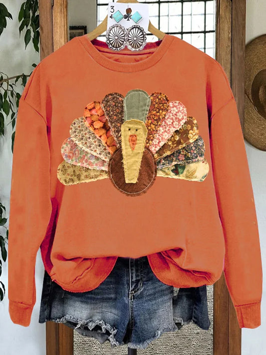 Women's Retro Thanksgiving Turkey Print Casual Crew Neck Sweatshirt