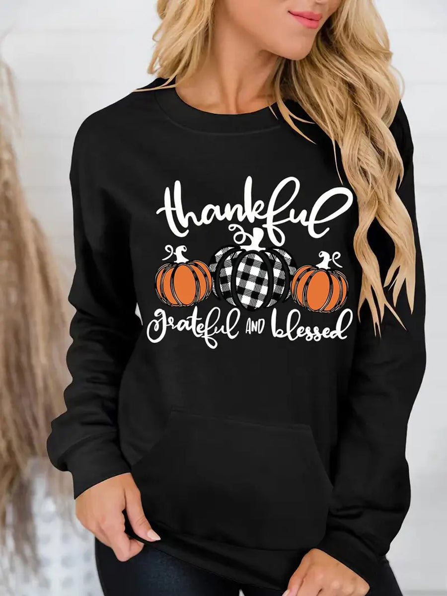 Women's Thanksgiving Plaid Pumpkin Letter Abstract Print Sweatshirt