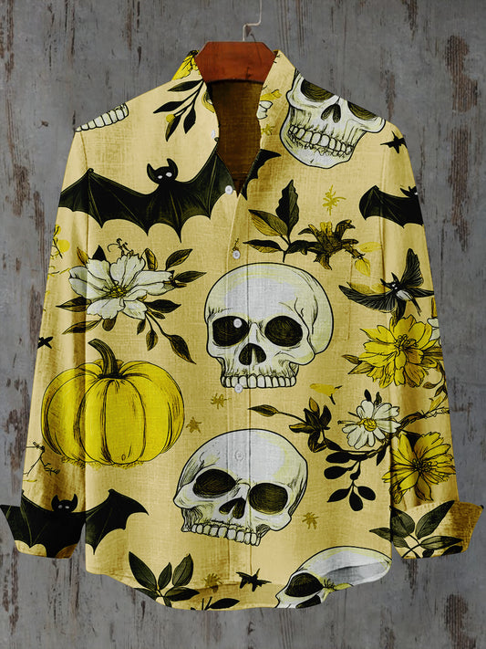 Skull Bat Floral Art Print Stand Collar Long Sleeve Casual Shirt