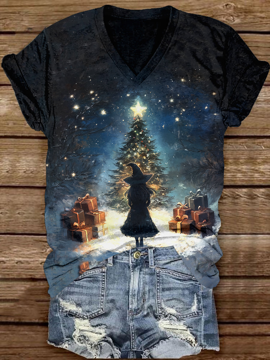 Witch Christmas Tree Christmas Art Print Unisex V-neck Short Sleeve Casual T-shirt