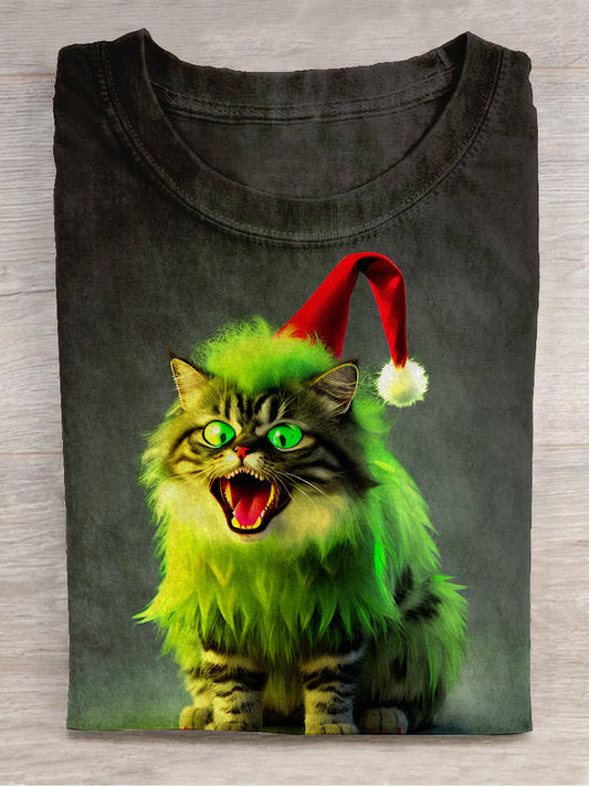 Christmas Cat Art Print Unisex Round Neck Short Sleeve Casual T-Shirt