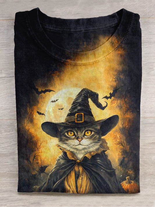 Cat Wizard Art Print Unisex Round Neck Short Sleeve Casual T-Shirt