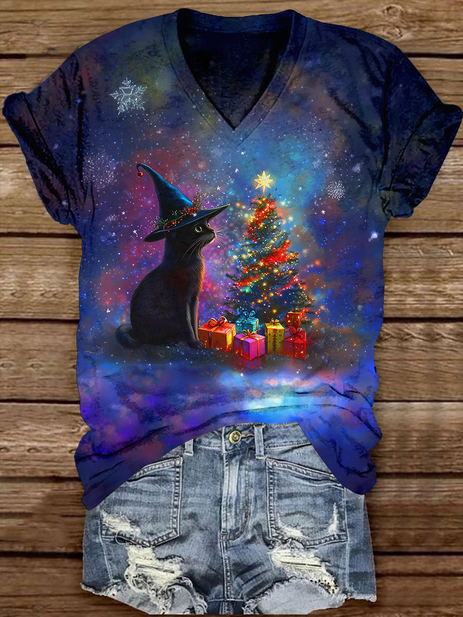 Black Cat Witch Christmas Tree Christmas Art Print Unisex V-neck Short Sleeve Casual T-shirt