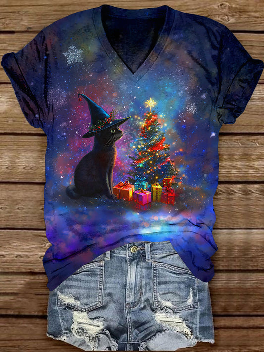 Black Cat Witch Christmas Tree Christmas Art Print Unisex V-neck Short Sleeve Casual T-shirt