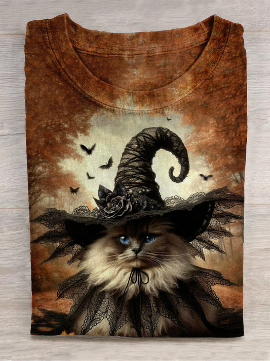 Cat Witch Art Print Unisex Round Neck Short Sleeve Casual T-Shirt