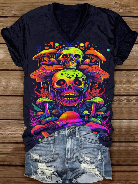 Fear Skull Poison Mushroom Art Print Unisex V-neck Short Sleeve Casual T-shirt