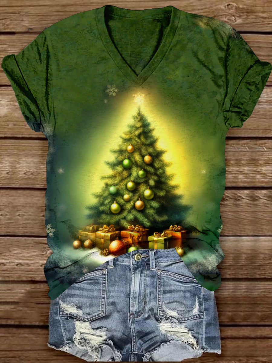 Christmas Tree Art Print Unisex V-Neck Short Sleeve Casual T-Shirt