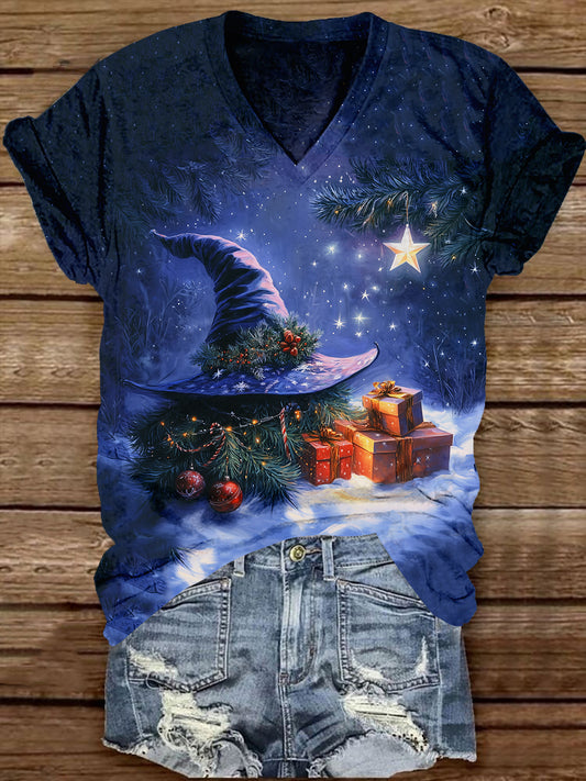 Witch Christmas Art Print Unisex V-Neck Short Sleeve Casual T-Shirt