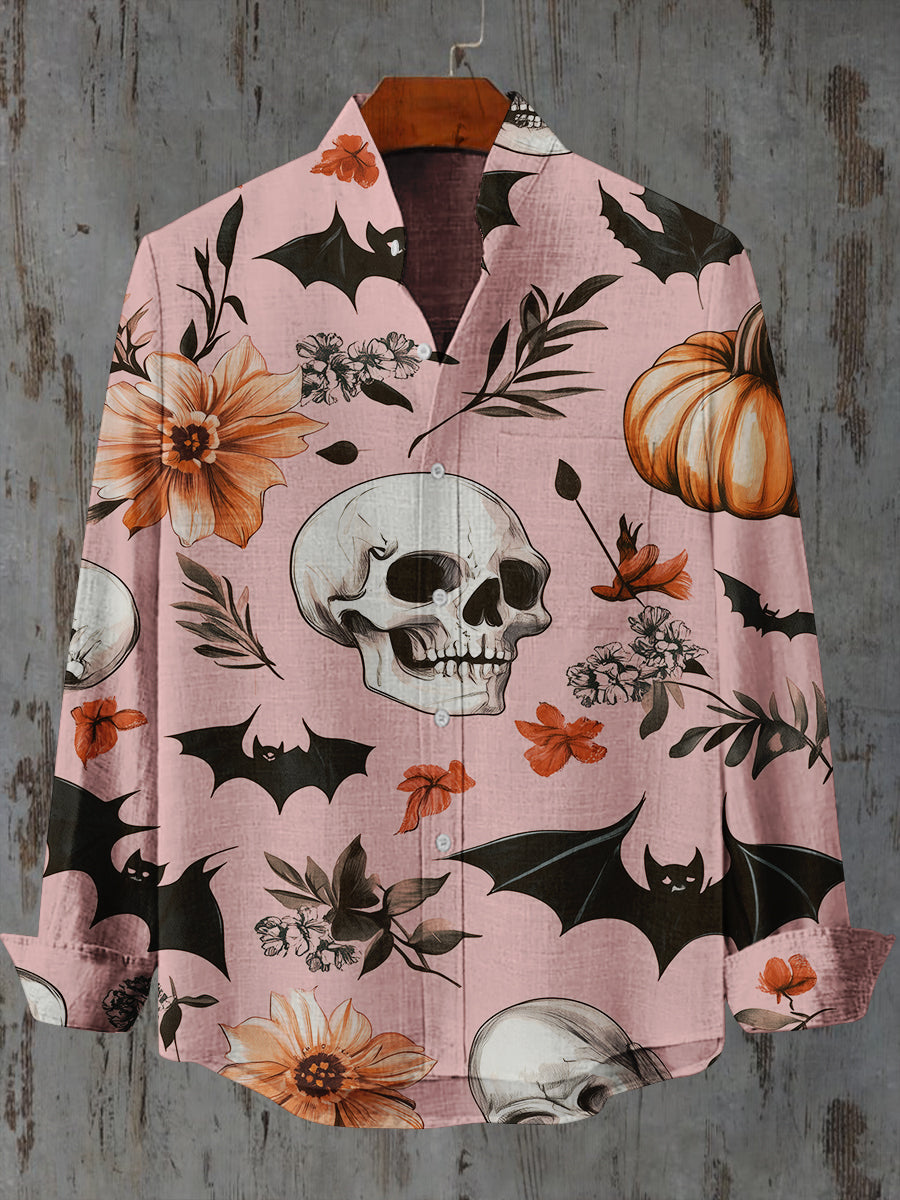 Skull Bat Floral Art Print Stand Collar Long Sleeve Casual Shirt