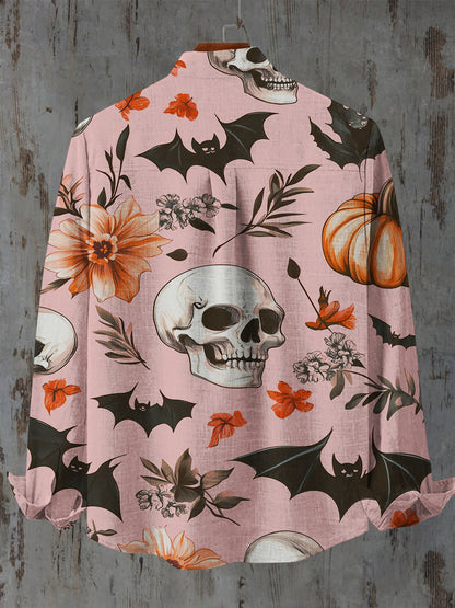 Skull Bat Floral Art Print Stand Collar Long Sleeve Casual Shirt