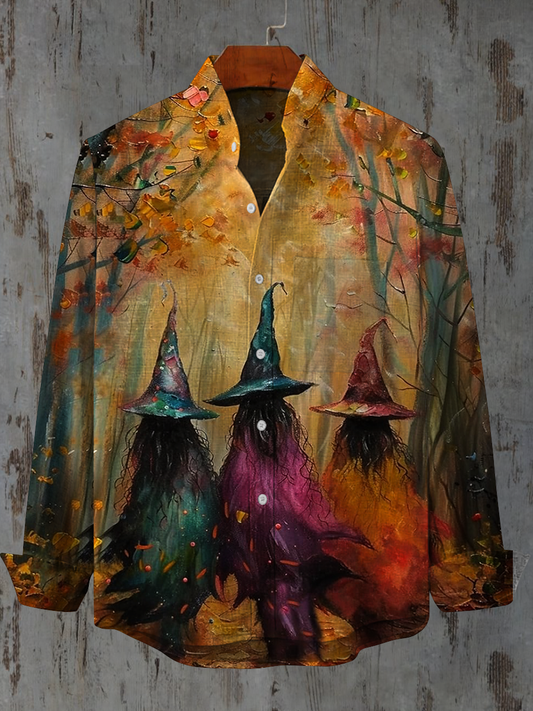 Magic Witch Hat Art Print Stand Collar Long Sleeve Casual Shirt