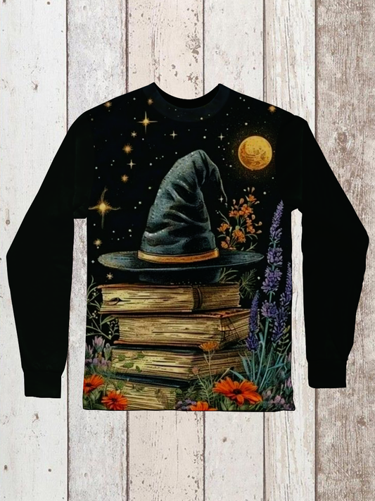 Magic Witch Magic Hat Art Print Round Neck Long Sleeve Casual T-Shirt