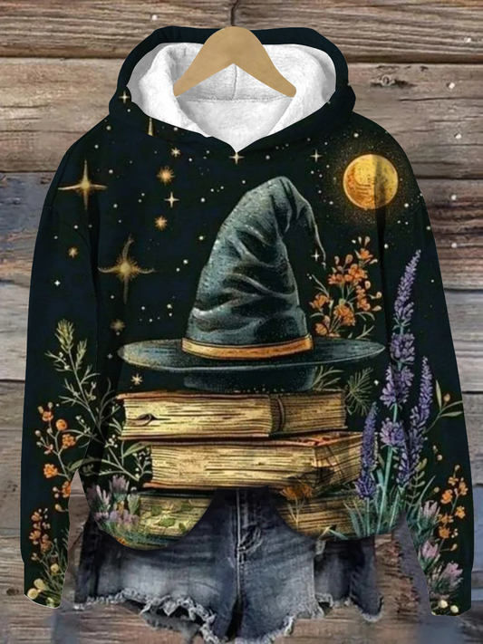 Magic Witch Magic Hat Art Print Round Neck Long Sleeve Casual Hooded Sweatshirt