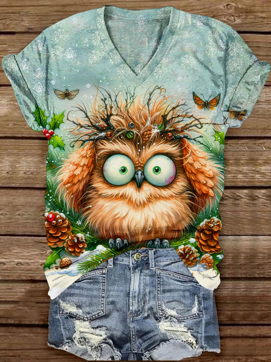 Owl Christmas Art Print Unisex V-Neck Short Sleeve Casual T-Shirt