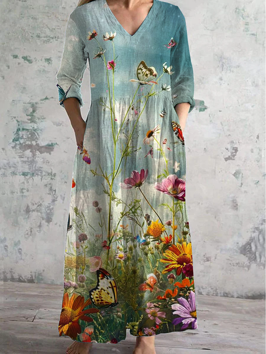 Butterfly Floral Art Print V-neck Long-Sleeved Casual Dress