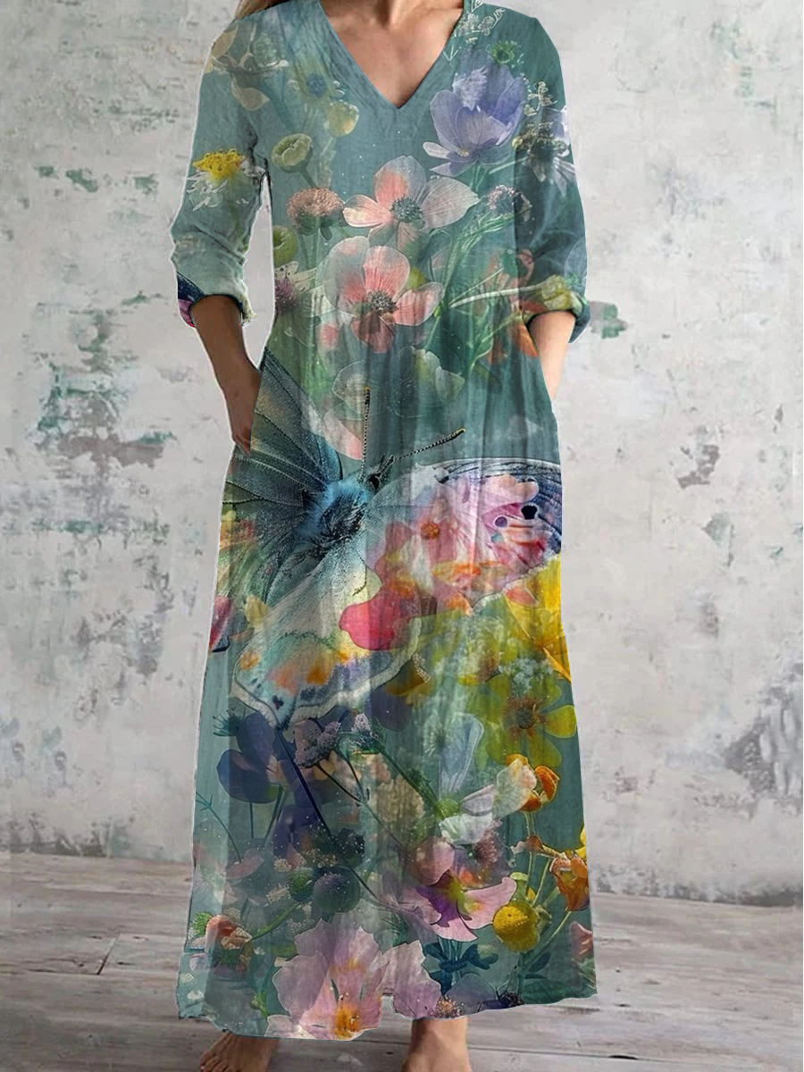 Butterfly Floral Art Print V-neck Long-Sleeved Casual Dress