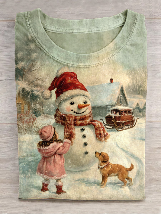 Christmas Art Print Round Neck Short Sleeve Casual T-Shirt