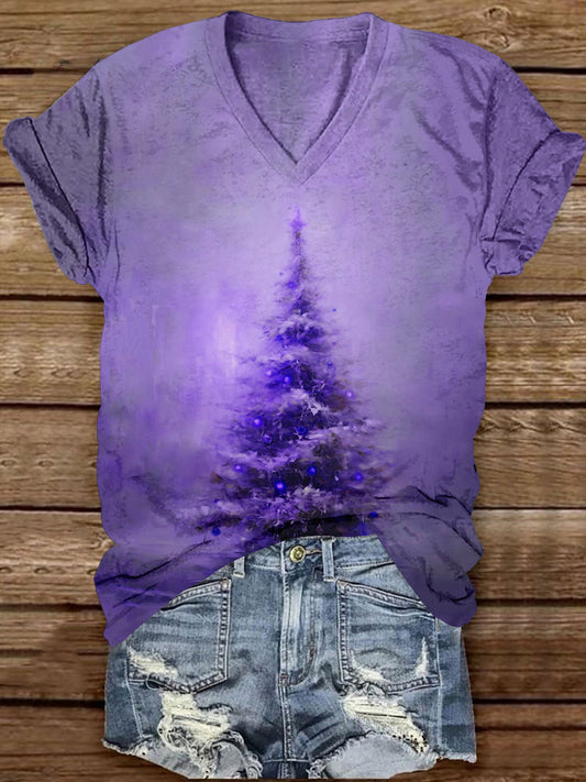 Christmas Night Purple Christmas Tree Art Print Unisex V-Neck Short Sleeve Casual T-Shirt