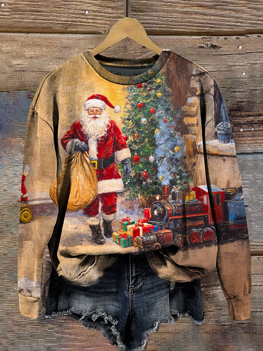 Christmas Art Print Round Neck Long Sleeve Casual Sweatshirt