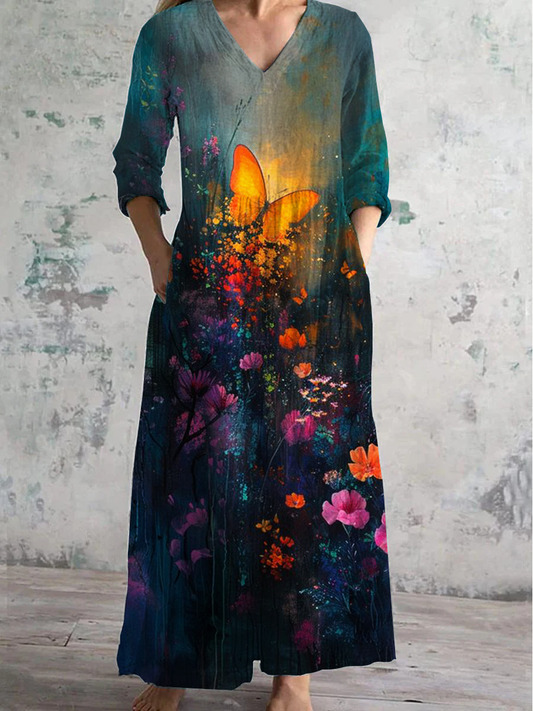 Butterfly Floral Art Print V-neck Long-Sleeved Casual Dress