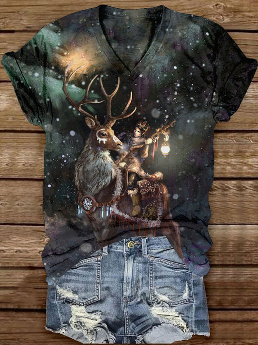 Christmas Night Forest Queen Art Print Unisex V-neck Short Sleeve Casual T-shirt