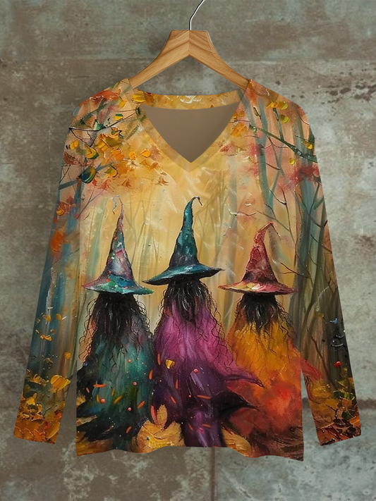 Magical Witch Art Print V-neck Long-Sleeved Casual T-Shirt