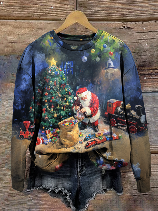 Christmas Art Print Round Neck Long Sleeve Casual Sweatshirt