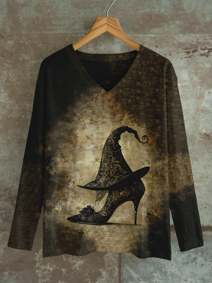 Witch Art Print Unisex V-Neck Long Sleeve Casual T-Shirt