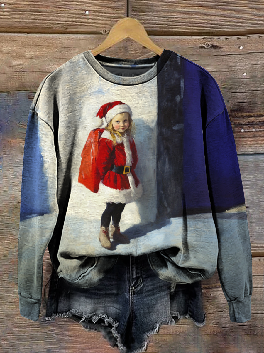 Christmas Art Print Round Neck Long Sleeve Casual Sweatshirt