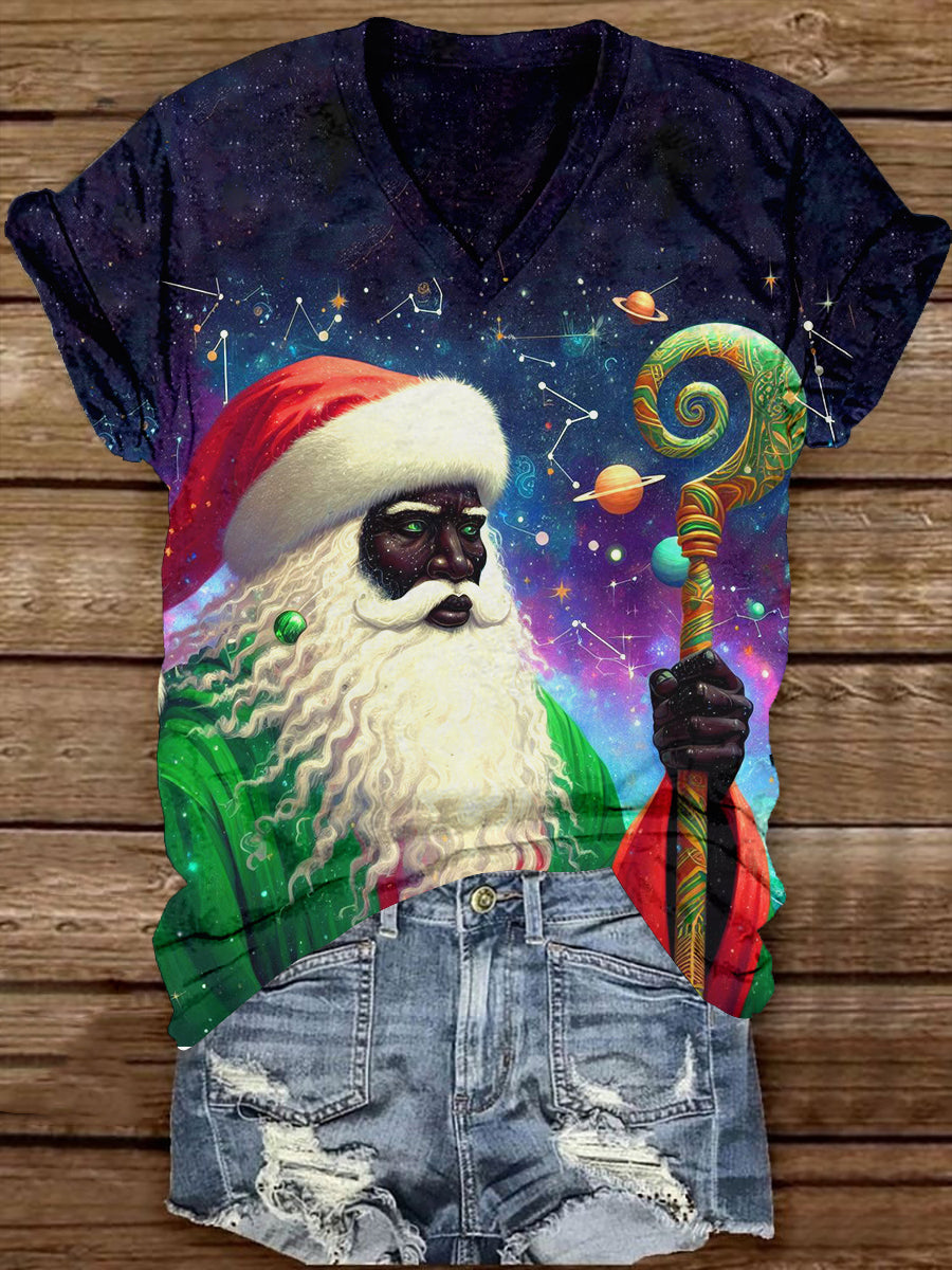 Santa Claus Art Print Unisex V-Neck Short Sleeve Casual T-Shirt