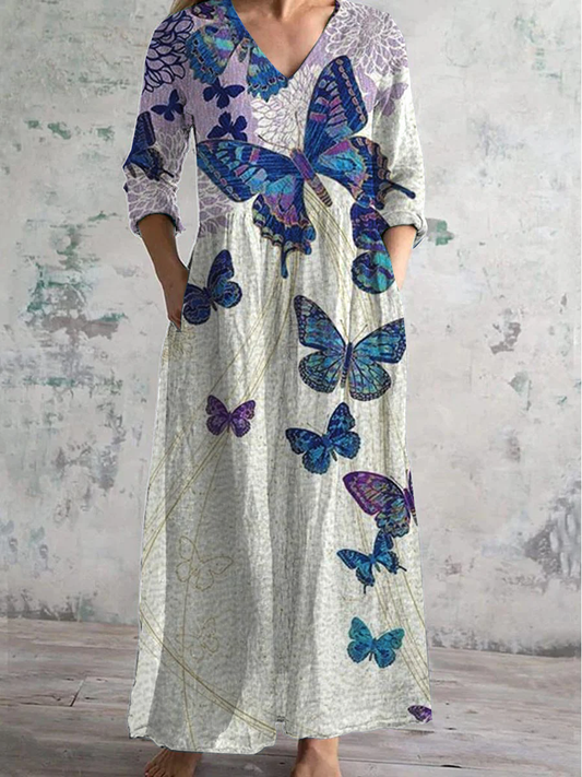 Butterfly Floral Art Print V-neck Long-Sleeved Casual Dress