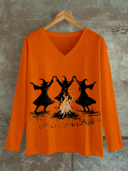 Witch Bonfire Magic Ritual Art Print Unisex V-Neck Long Sleeve Casual T-Shirt