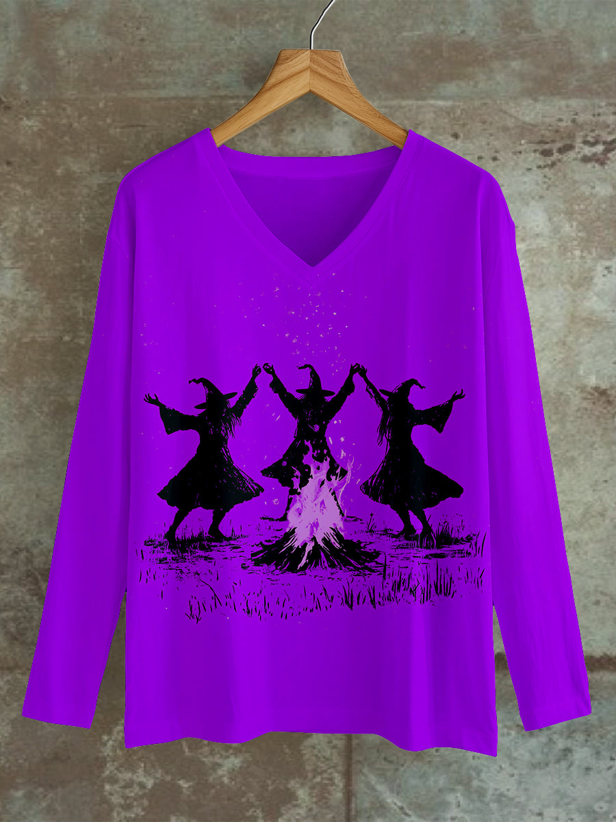 Witch Bonfire Magic Ritual Art Print Unisex V-Neck Long Sleeve Casual T-Shirt