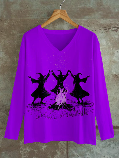 Witch Bonfire Magic Ritual Art Print Unisex V-Neck Long Sleeve Casual T-Shirt