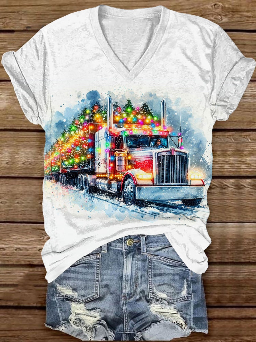 Christmas Truck Art Print Unisex V Neck Short Sleeve Casual T-Shirt