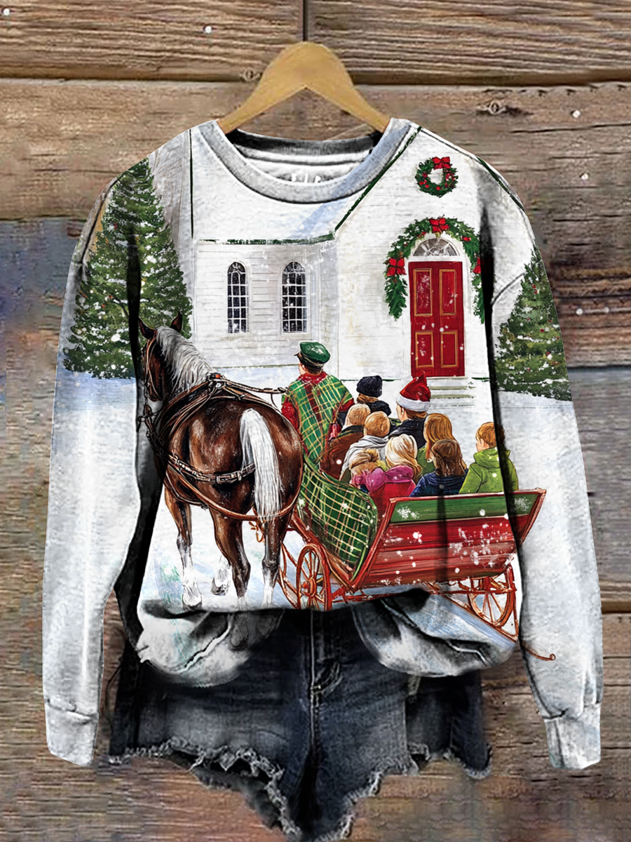 Christmas Art Print Round Neck Long Sleeve Casual Sweatshirt