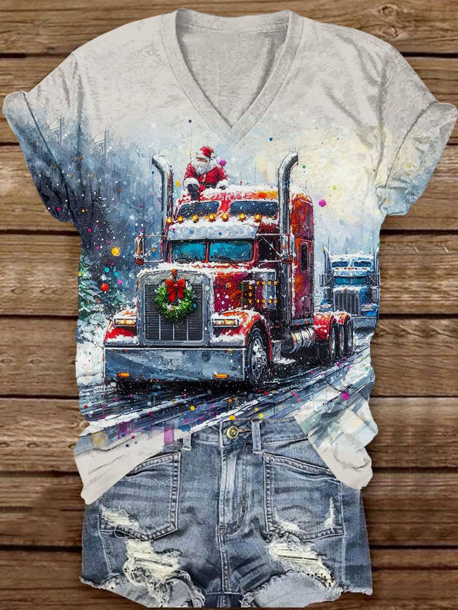 Christmas Truck Art Print Unisex V Neck Short Sleeve Casual T-Shirt