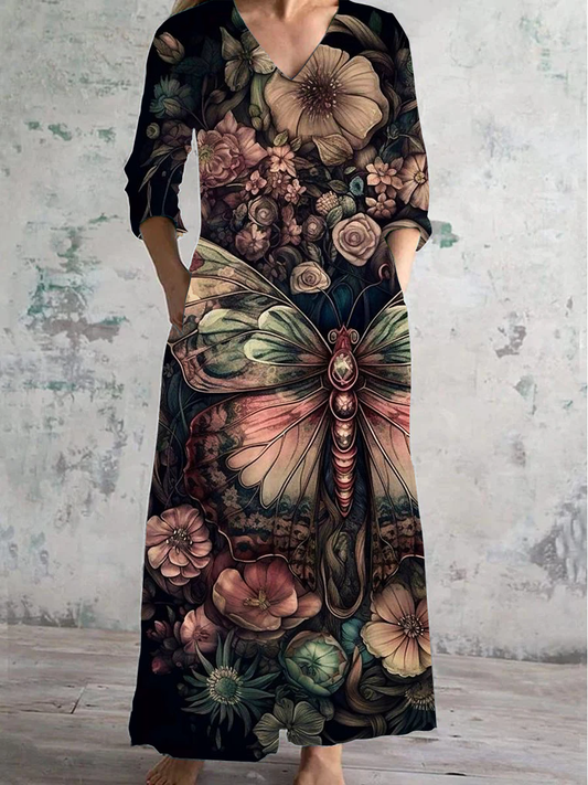 Butterfly Floral Art Print V-neck Long-Sleeved Casual Dress