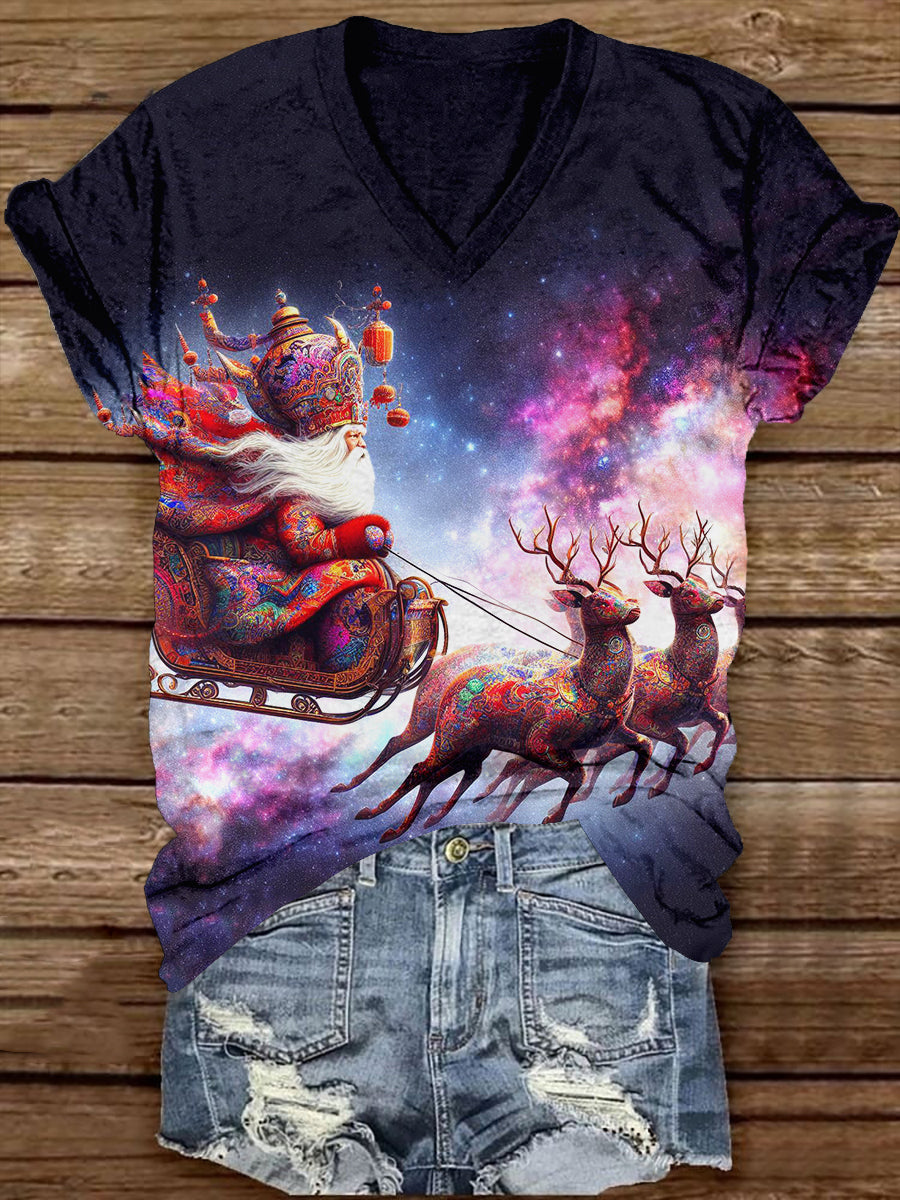 Christmas Eve Sleigh Old Man Art Print Unisex V Neck Short Sleeve Casual T-shirt