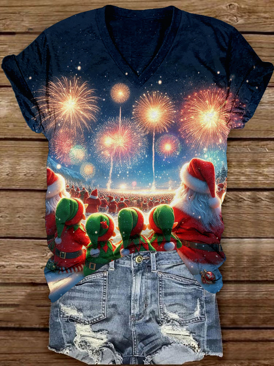 Christmas Night Fireworks Art Print Unisex V-neck Short Sleeve Casual T-shirt