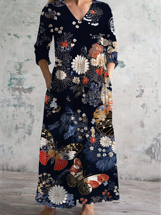 Butterfly Floral Art Print V-neck Long-Sleeved Casual Dress