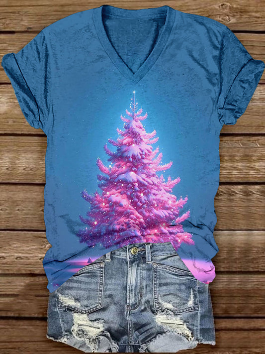 Christmas Tree Art Print Unisex V-Neck Short Sleeve Casual T-Shirt